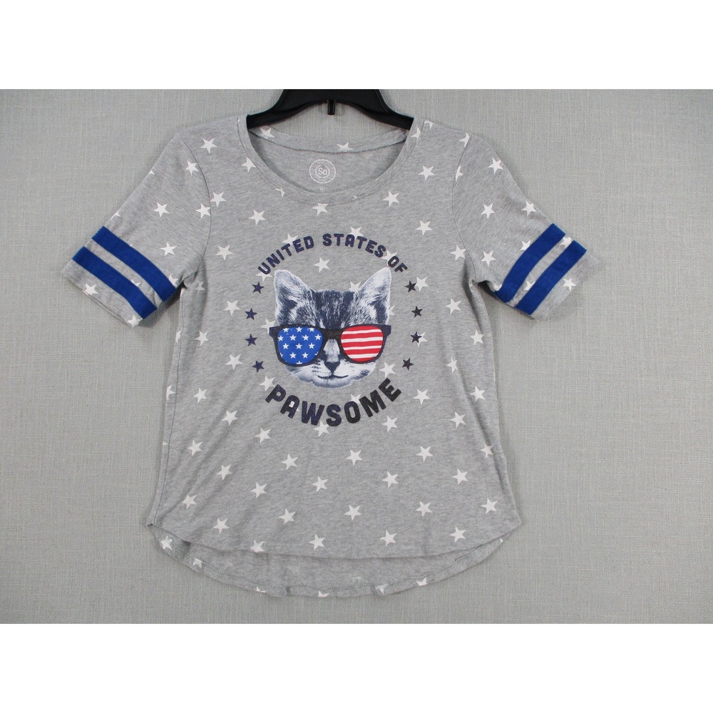 So American Grey Pawsome Cat Patriotic Glitter‎ Graphic Girls Youth Size 14